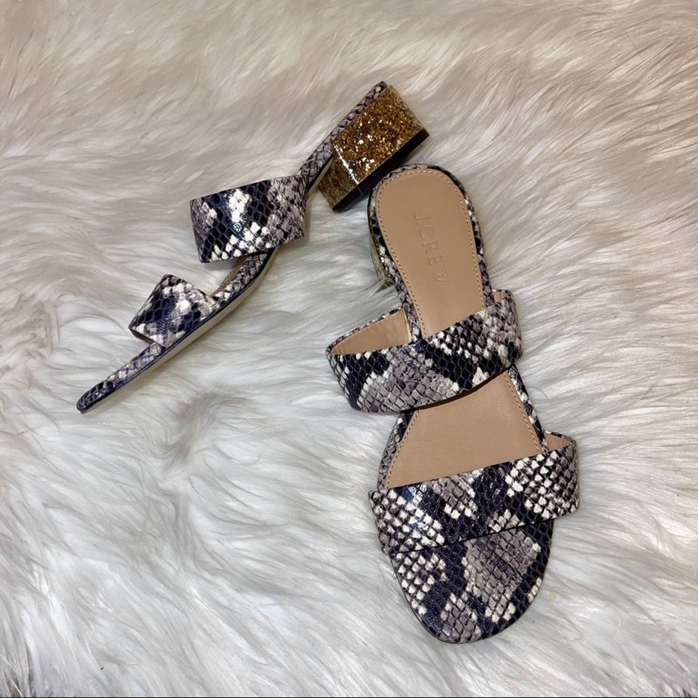 J. Crew Snake Print Block Heel Sandals with Gold Glitter Heel